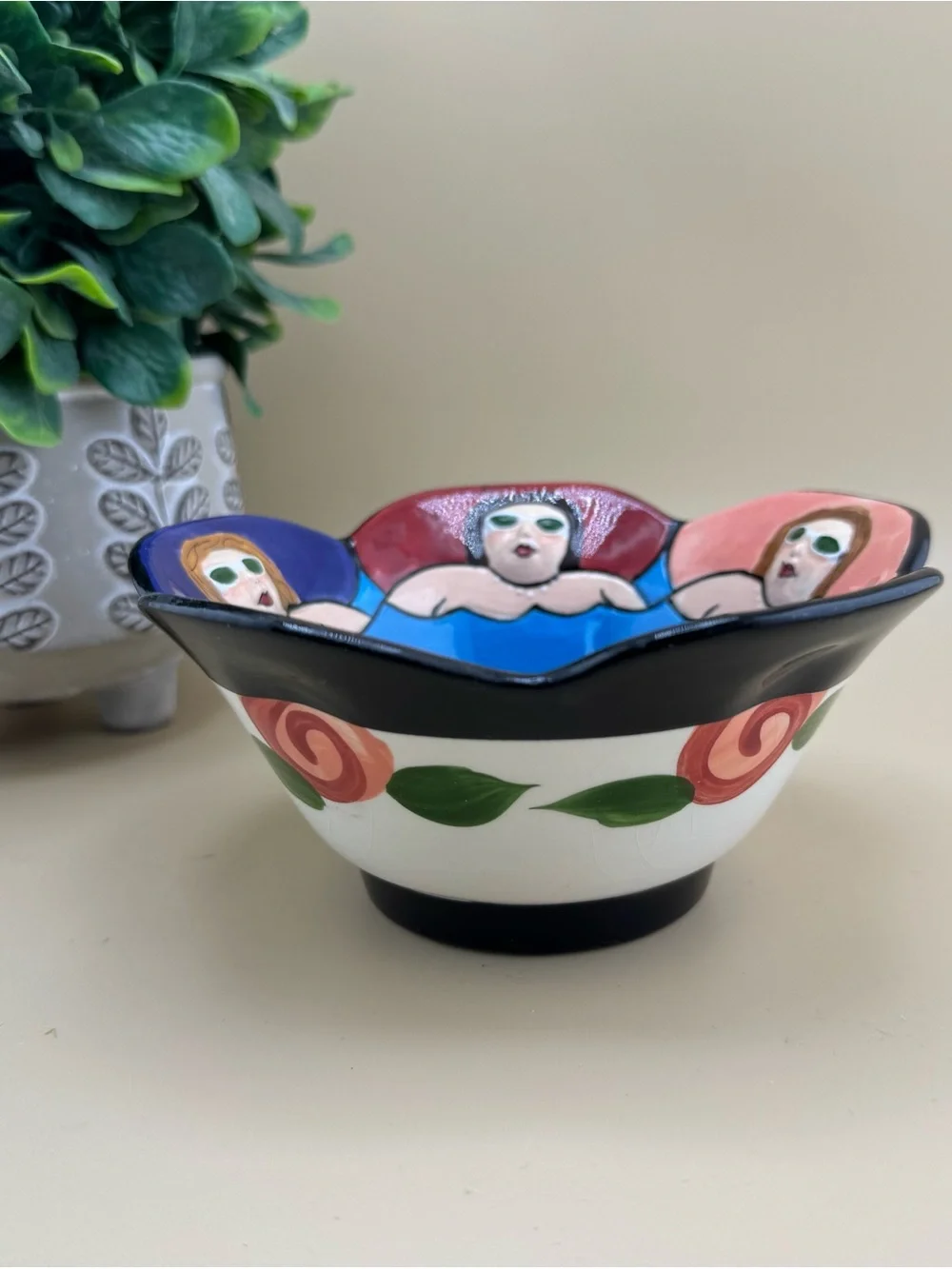 Hand-Painted Blue Ceramic Decorative Bowl with Figurative Border
